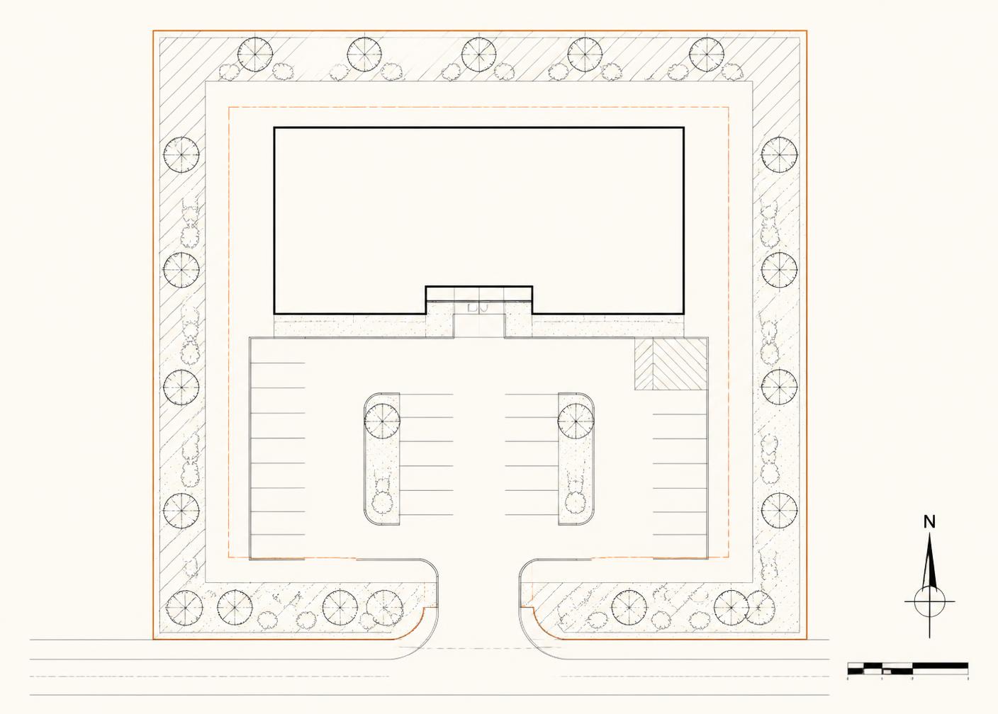 Conceptual site plan showing building footprint, parking field, drive entrances, setback lines and perimeter landscape buffers